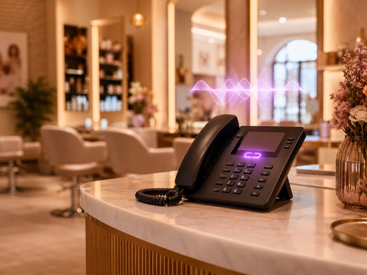 An AI voice agent visual booking a salon appointment, a calm reception desk behind