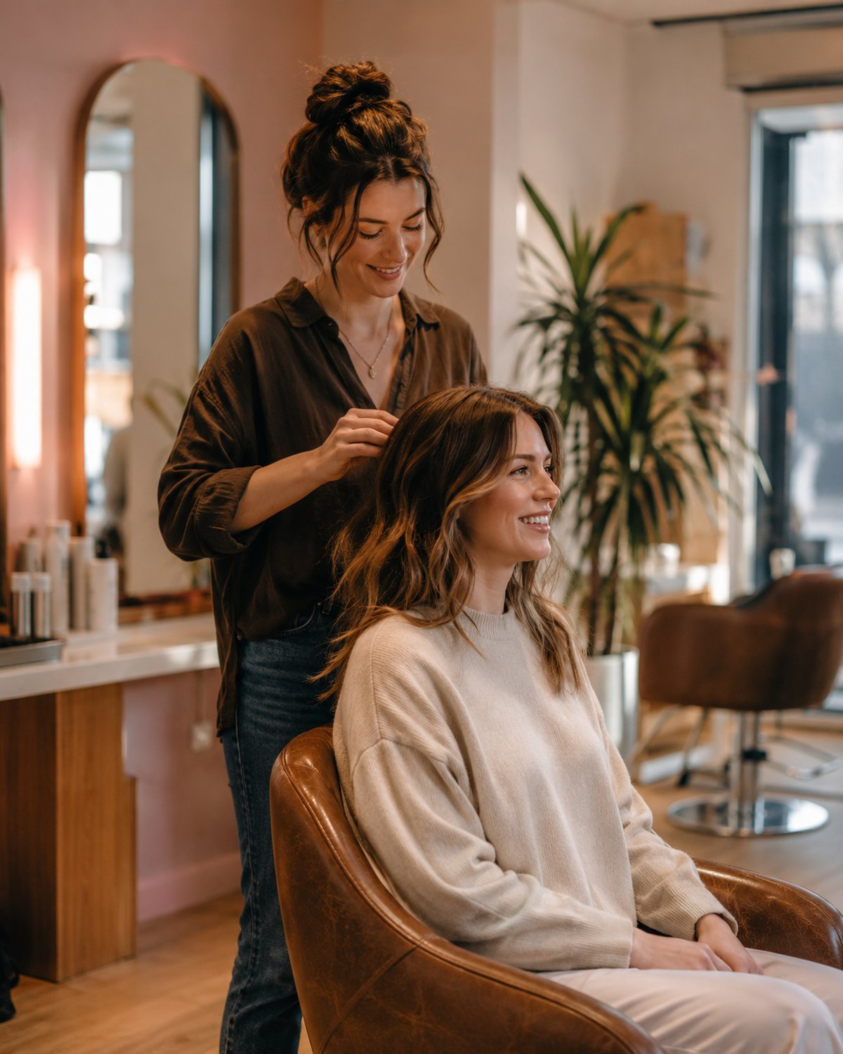 A warm modern salon or spa interior with a stylist and a happy client, calm premium atmosphere