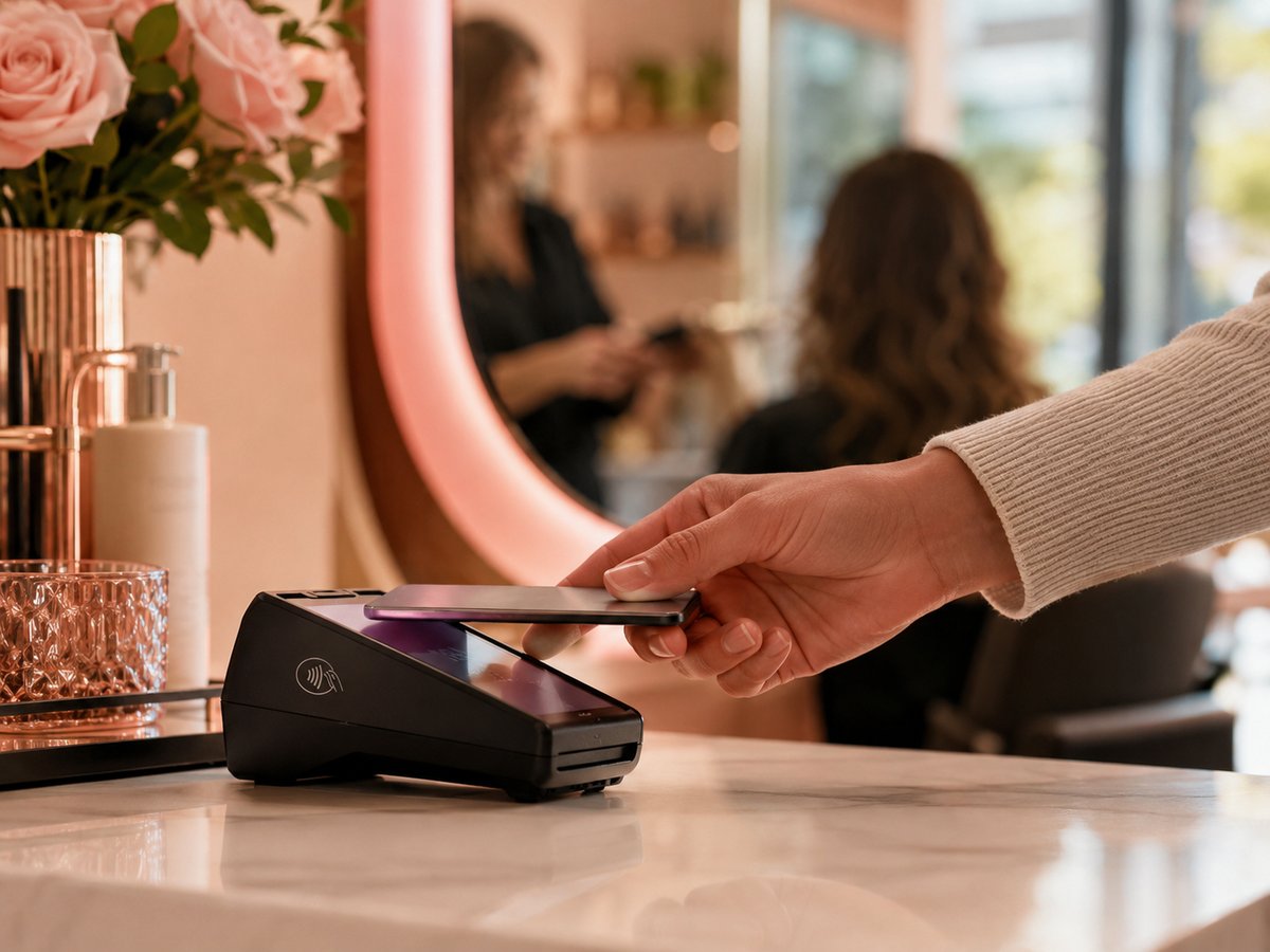 A sleek payment terminal at a salon station, a client tapping to pay and tip