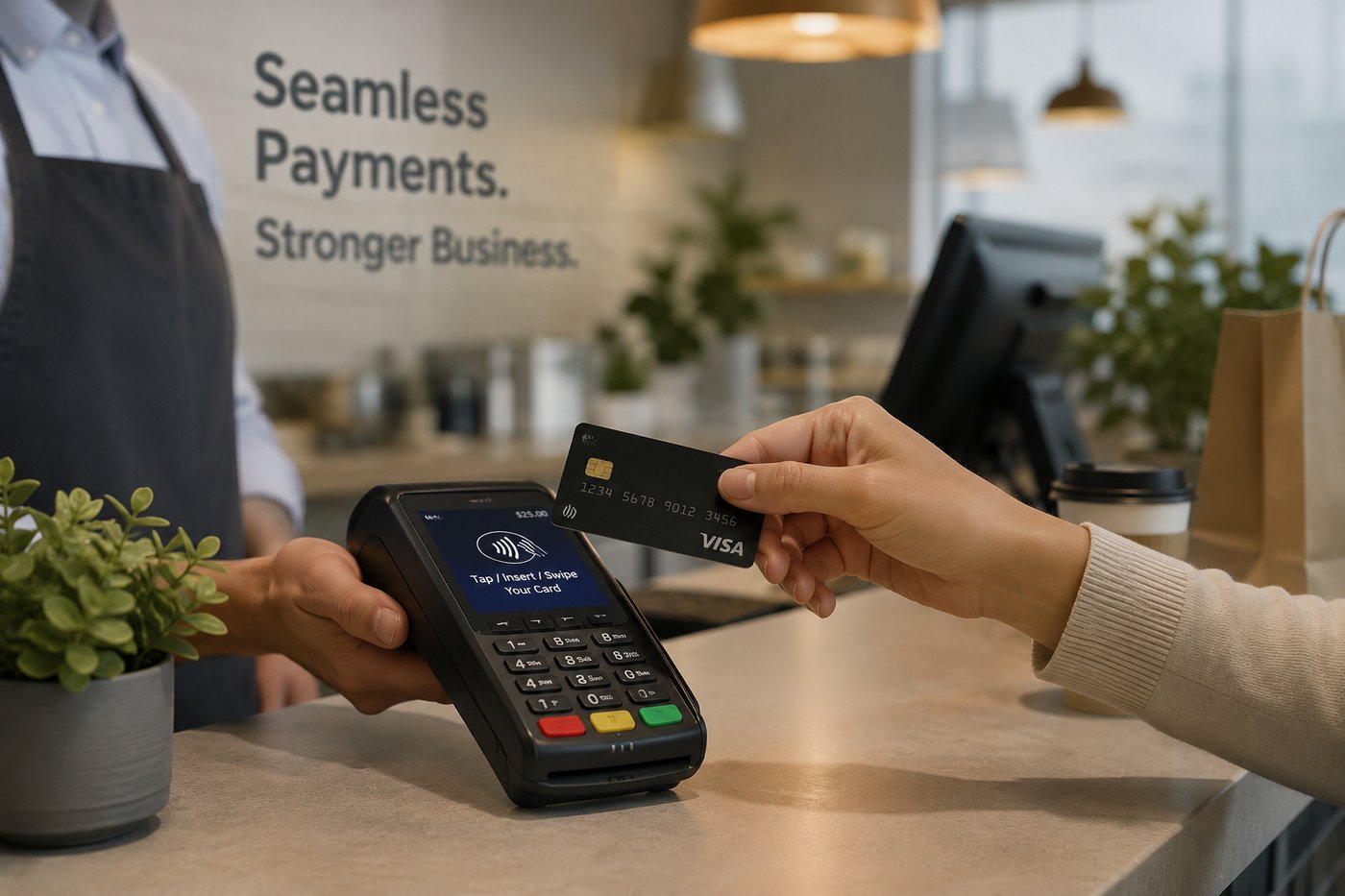 Customer tapping a card on a Telebridge payment terminal at a shop counter