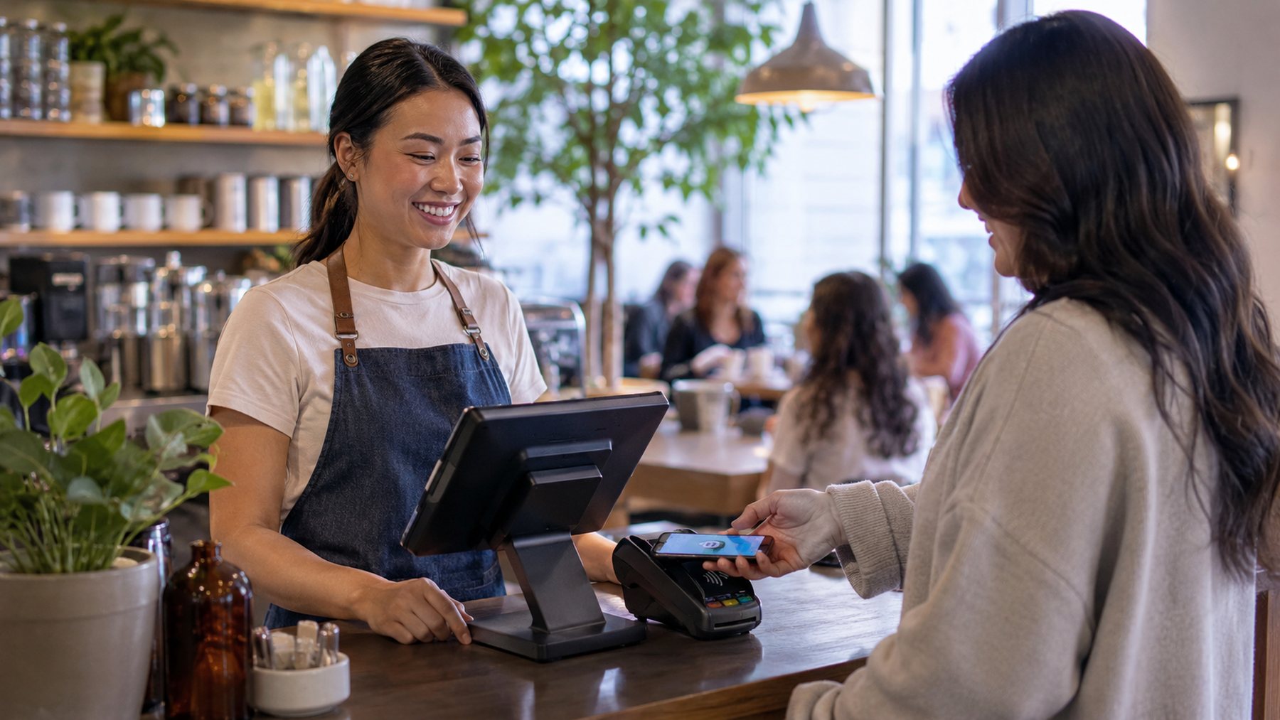 Barista taking a contactless phone payment on a terminal at a cafe counter
