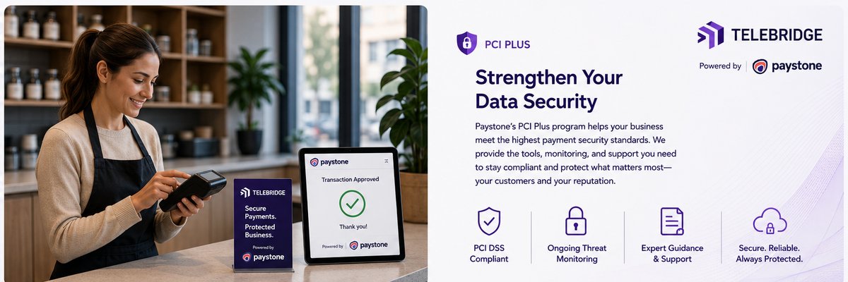 Secure payment transaction approved on a Paystone terminal with Telebridge branding