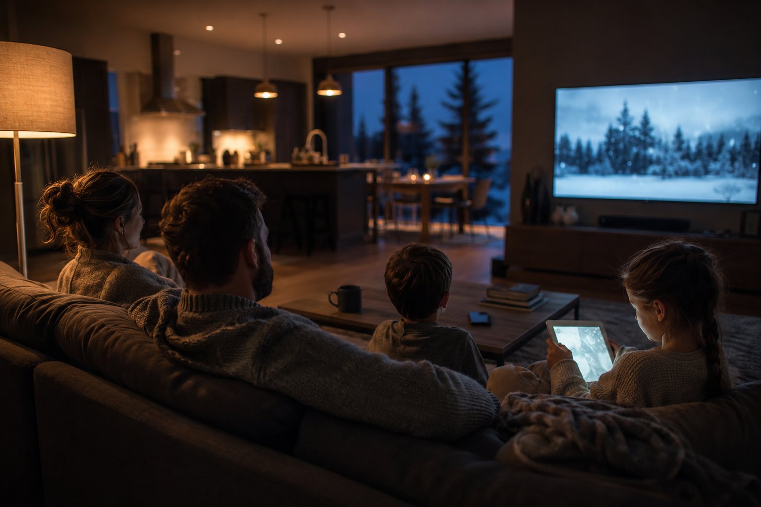 A family of four watching television together in a warm, dimly lit living room on a winter evening, one child on a tablet