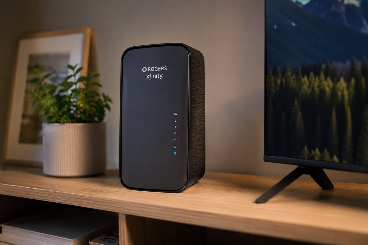 A Rogers Xfinity Gateway on a media console beside a television