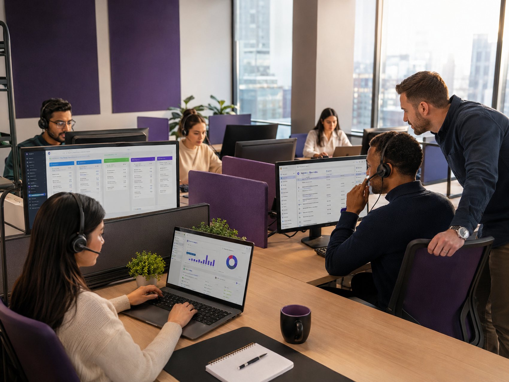 Telebridge outbound call floor — agents in headsets working live CRM dashboards with a manager coaching