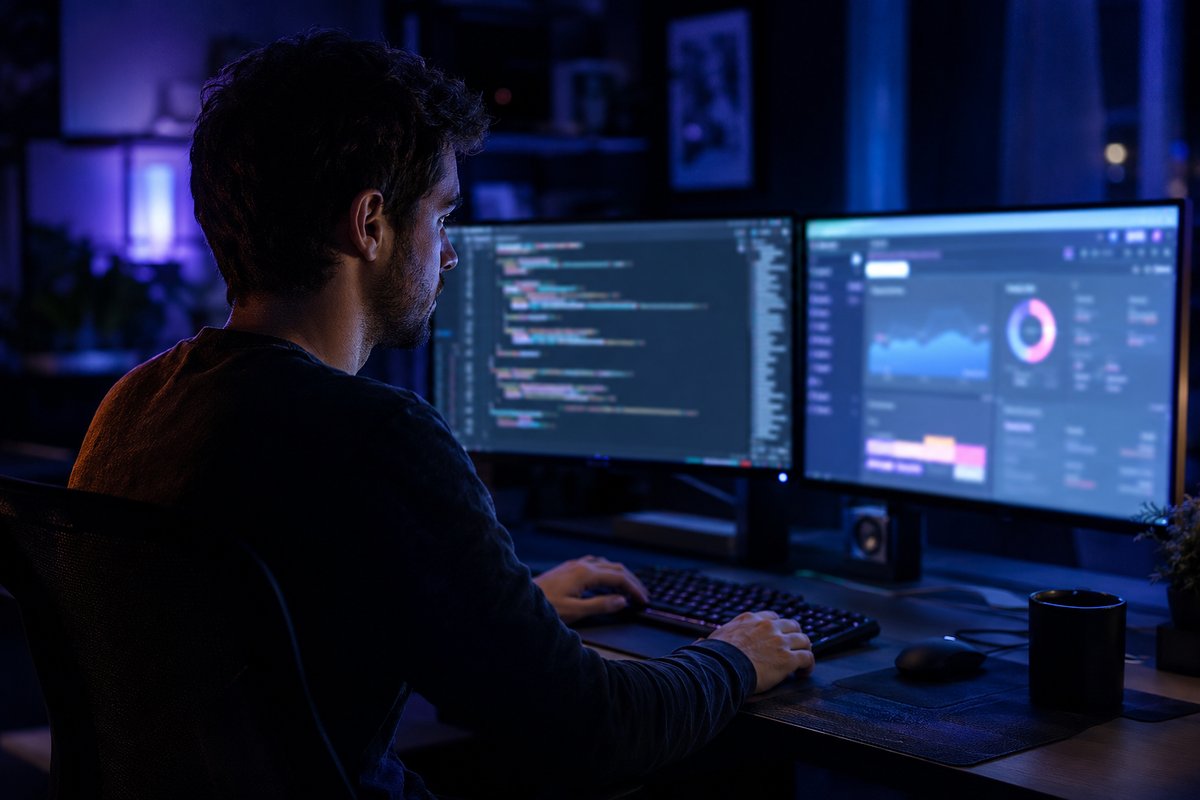 A Telebridge developer building a custom web application on a dual-monitor setup at night