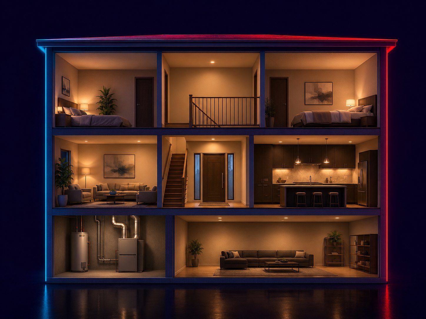 Front cutaway of a modern home showing rooms protected by connected Rogers Xfinity devices