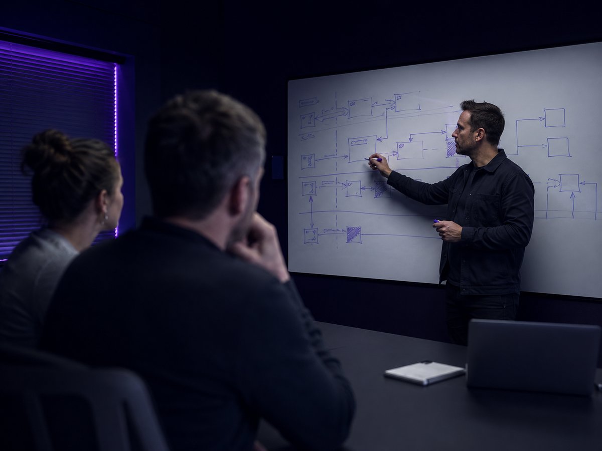 A Telebridge consultant sketching a client workflow on a whiteboard during a discovery workshop while two clients watch