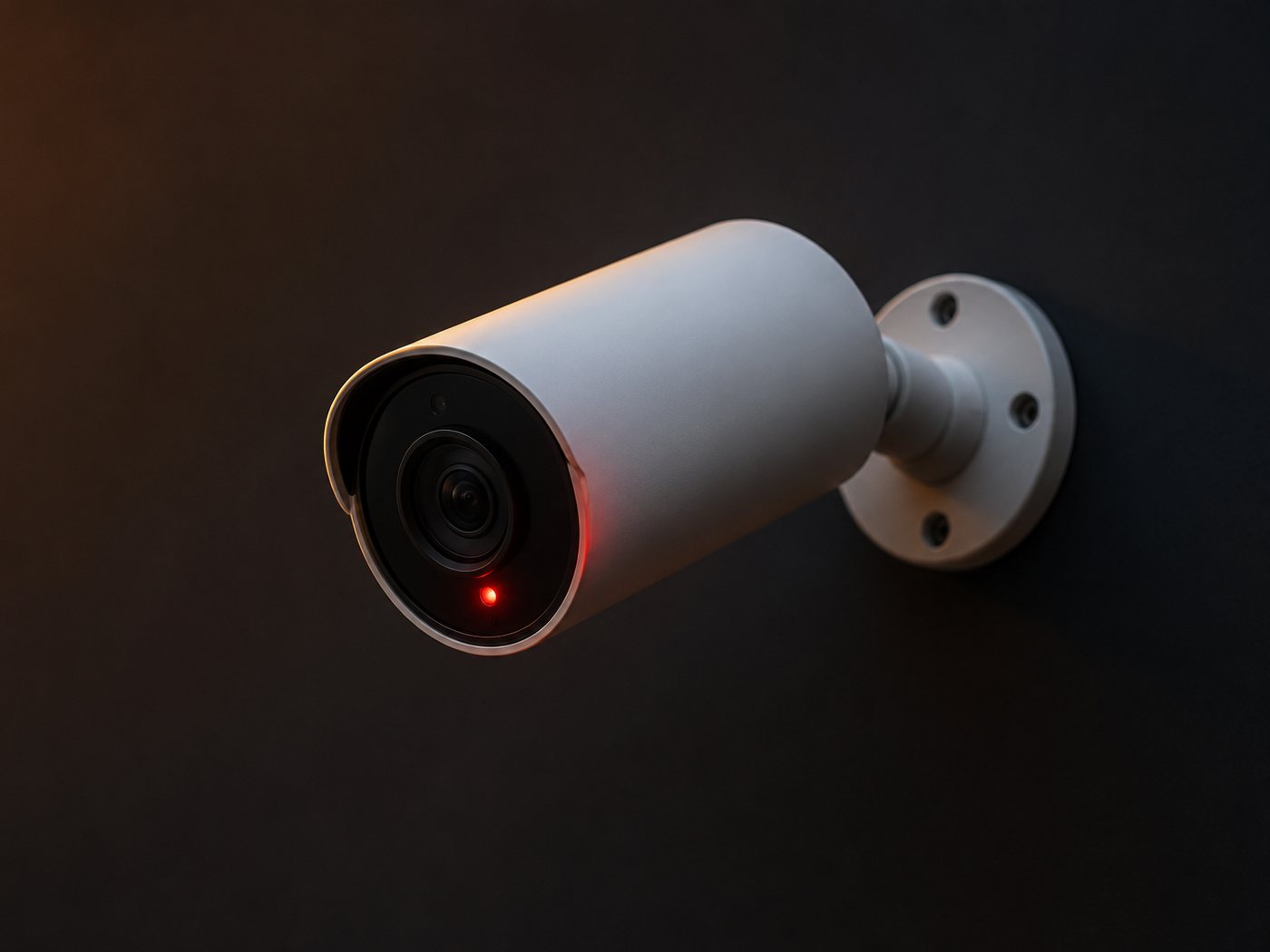 A white wired indoor and outdoor security camera mounted on a dark wall, its red recording light lit