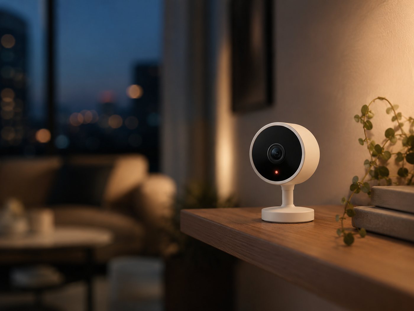 A compact white indoor camera on a wooden shelf in a warmly lit living room in the evening