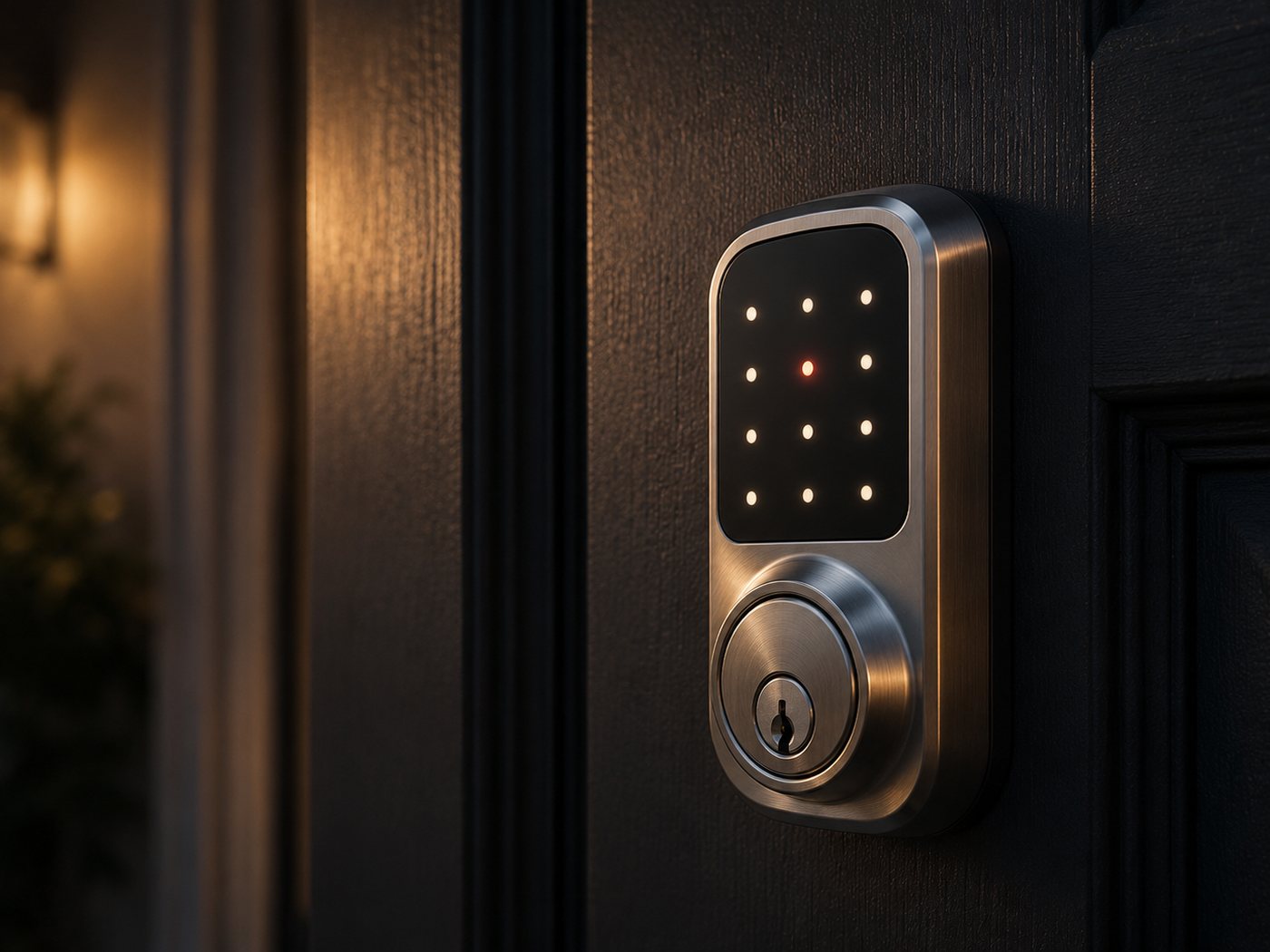 A brushed nickel smart deadbolt with an illuminated keypad installed on a dark front door