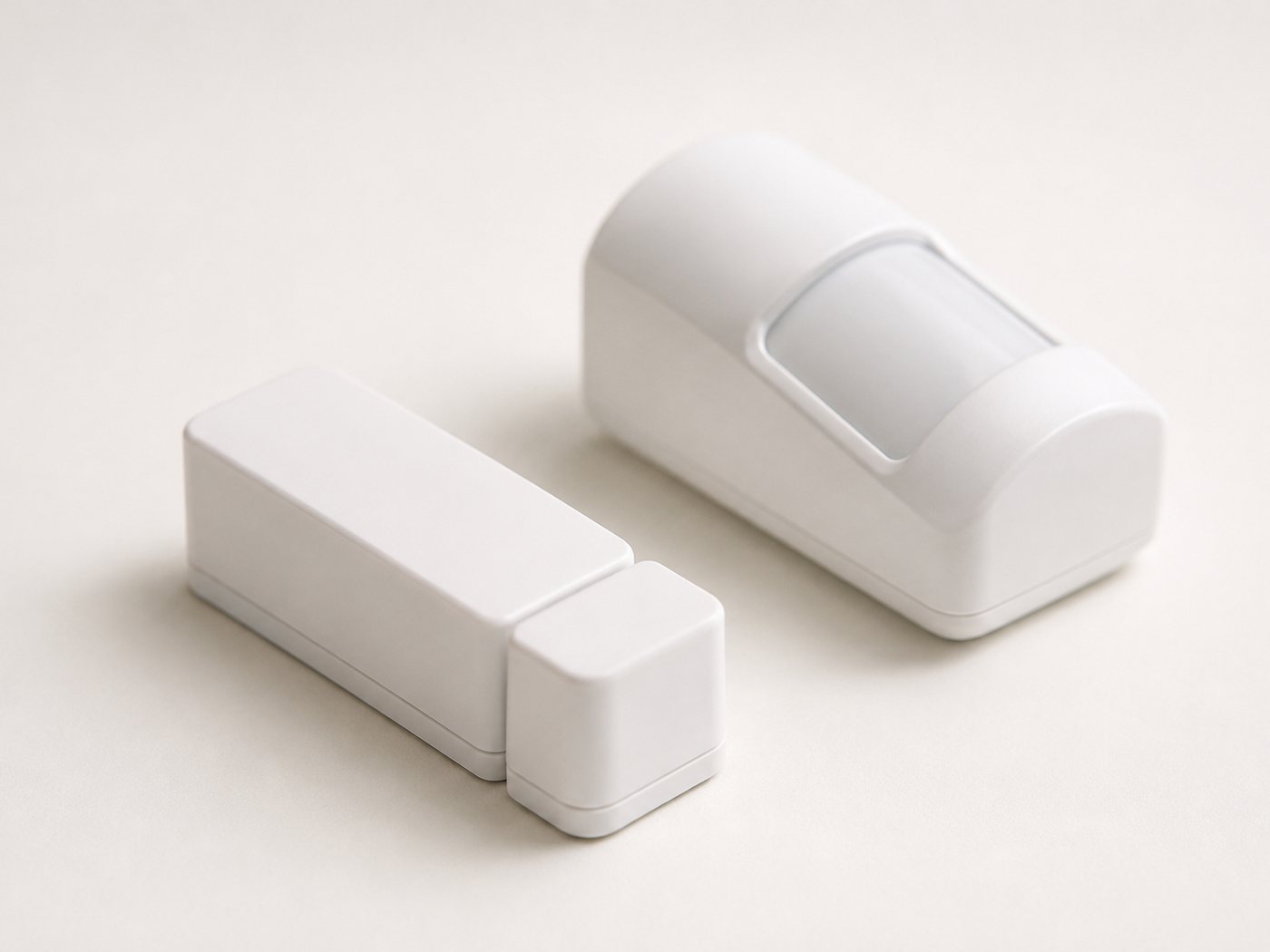 A white door and window contact sensor beside a wedge-shaped motion sensor on a pale surface