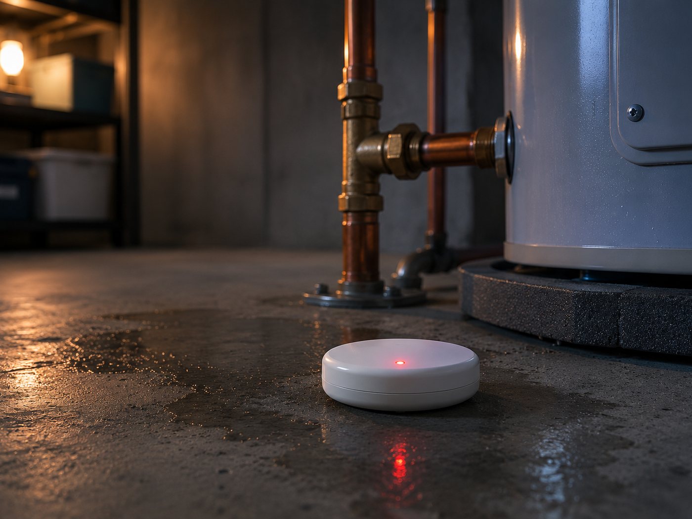 A white puck-shaped water leak sensor on a damp basement floor beside a water heater