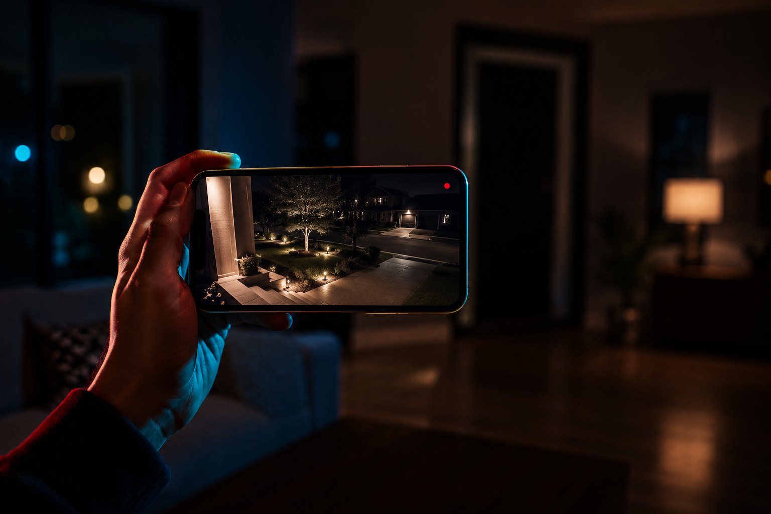 A connected home security camera watching over a house