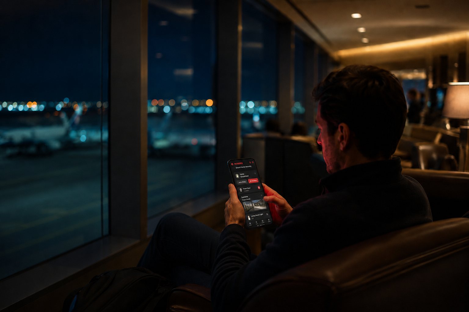 A traveller checks a notification from home on their phone in an airport lounge at night