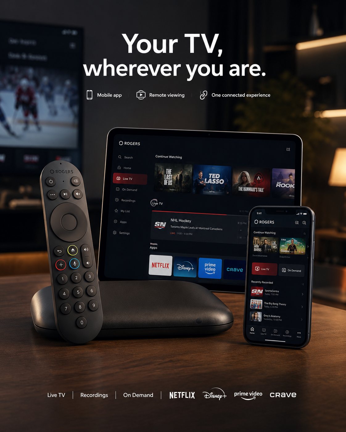 Rogers Xfinity Stream app on a smart TV, tablet and phone — App TV works on any device
