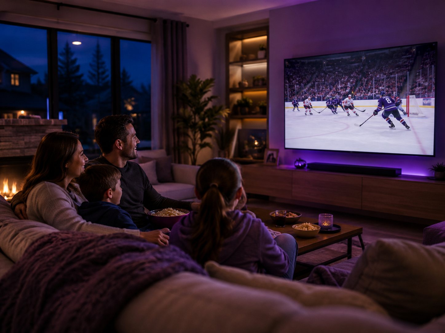 A living room with a large television showing content