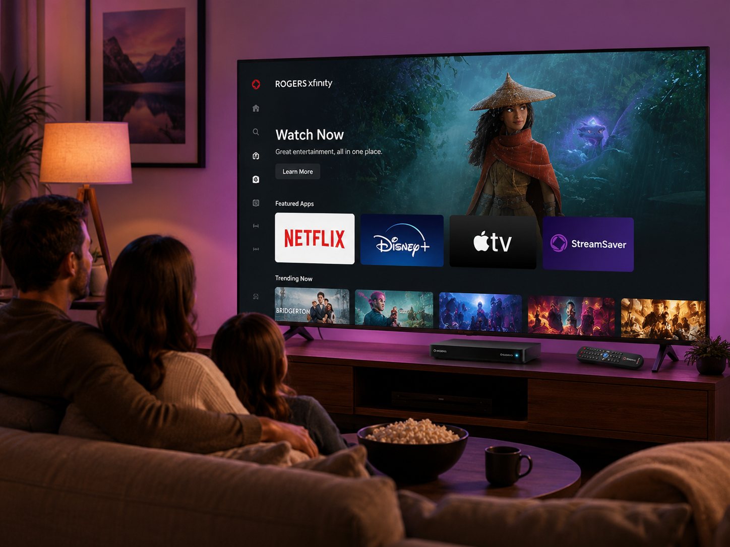 Rogers Xfinity Watch Now interface with Netflix, Disney+, Apple TV and StreamSaver featured