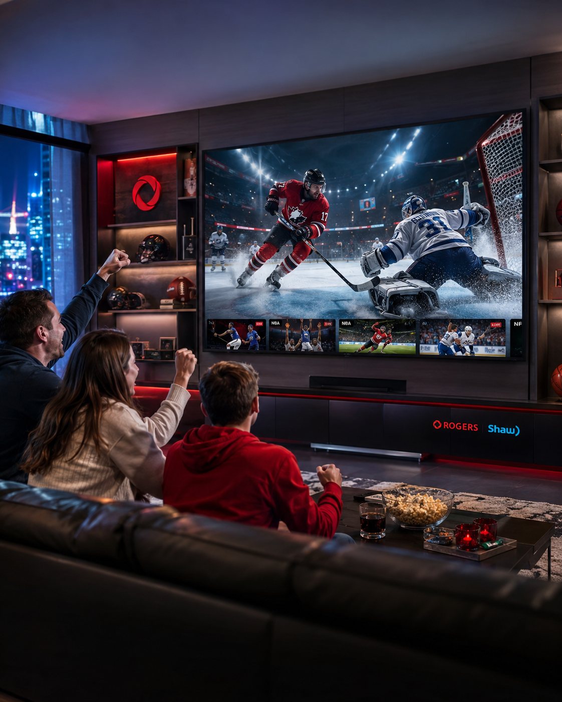 A televised sporting event shown in high definition on a large screen