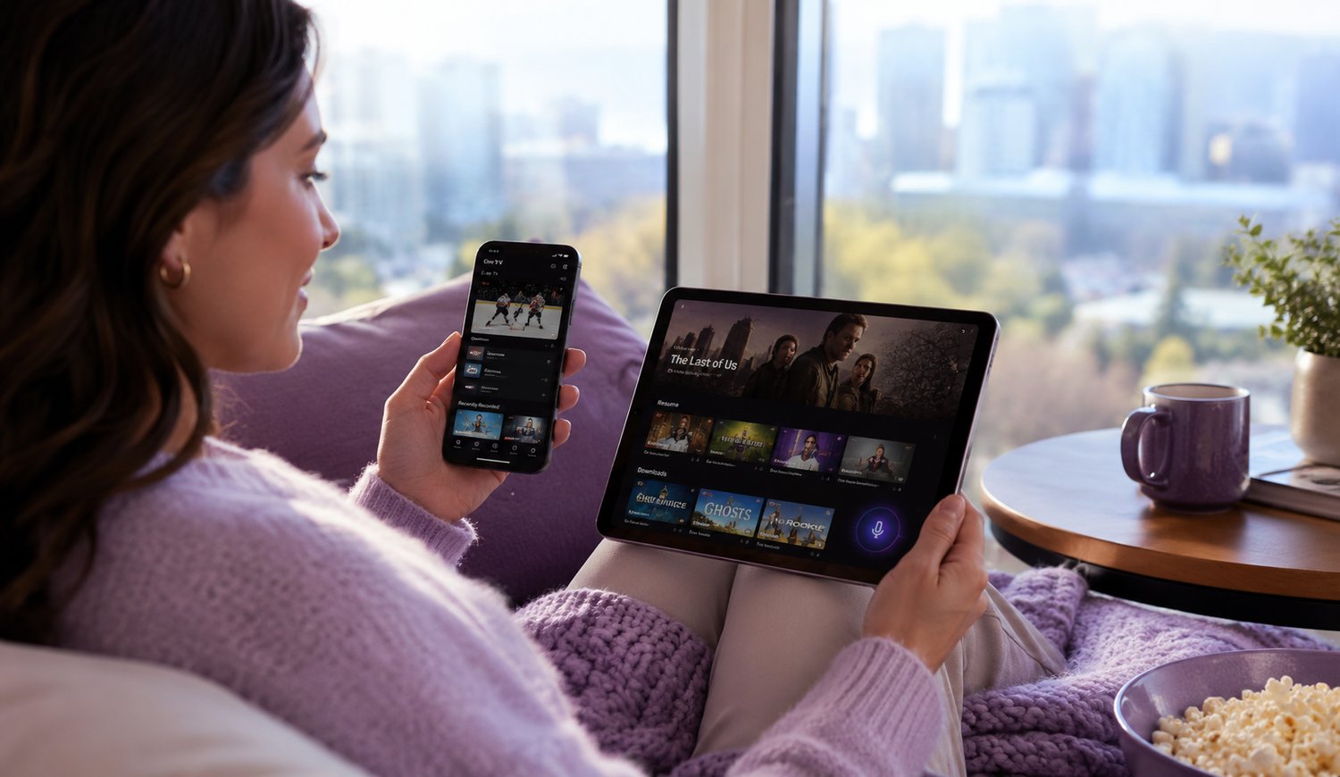 A woman relaxing on a couch watching the Rogers Xfinity Stream app on her phone and tablet