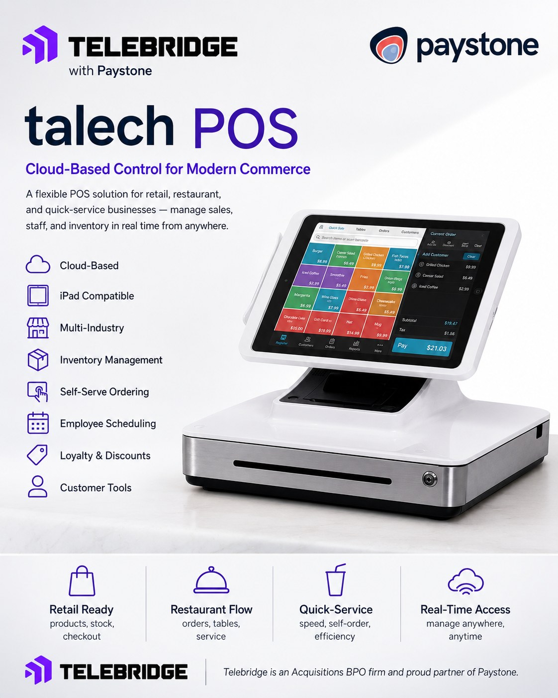 talech POS cloud-based system by Paystone and Telebridge
